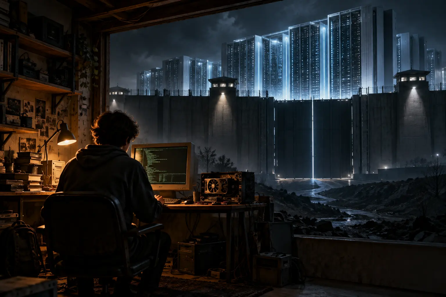 A hacker works at a computer beside a fortified server room.